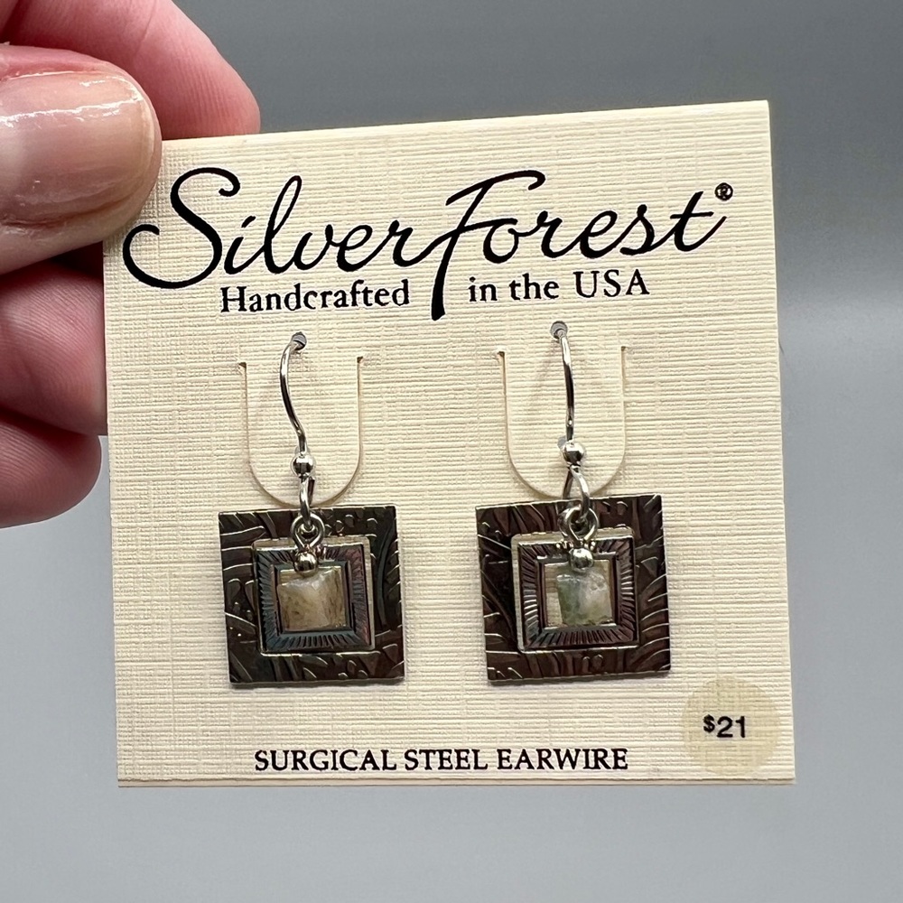 NWT Square-in-Square Drop Earrings with Stone Cube | Silver Forest